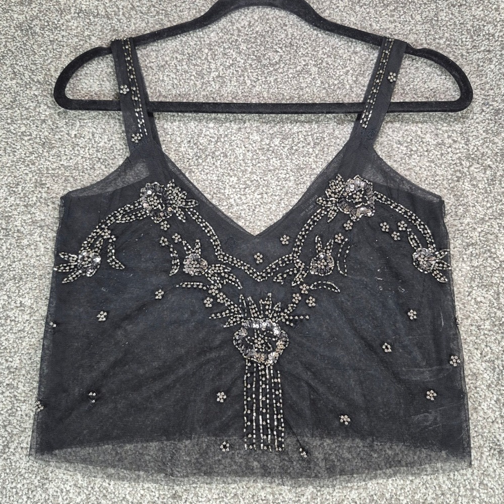 Bershka Beaded Mesh Top Womens Small Black Sequin Sheer Cropped Whimsigoth